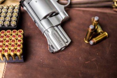 44 magnum revolver, deri arka planda nefsi müdafaa mermisi olan klasik silahı gizler.