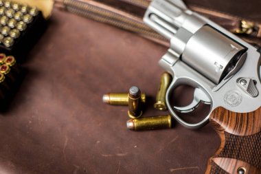 44 magnum revolver, deri arka planda nefsi müdafaa mermisi olan klasik silahı gizler.