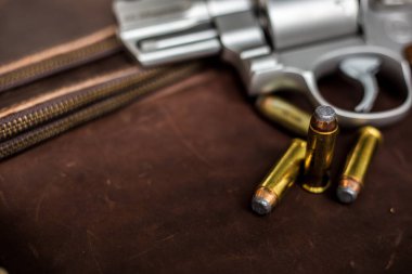 44 magnum revolver, deri arka planda nefsi müdafaa mermisi olan klasik silahı gizler.