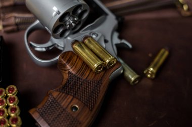 44 magnum revolver, deri arka planda nefsi müdafaa mermisi olan klasik silahı gizler.