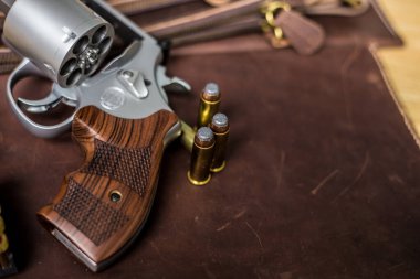 44 magnum revolver, deri arka planda nefsi müdafaa mermisi olan klasik silahı gizler.