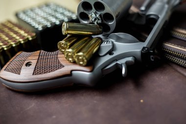 44 magnum revolver, deri arka planda nefsi müdafaa mermisi olan klasik silahı gizler.