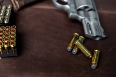 44 magnum revolver, deri arka planda nefsi müdafaa mermisi olan klasik silahı gizler.