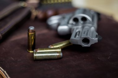 44 magnum revolver, deri arka planda nefsi müdafaa mermisi olan klasik silahı gizler.