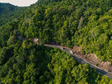 Doğada tropikal yağmur ormanları üzerinde hava manzarası eğri bir yol oluşturur.