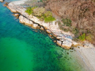 Hava manzaralı, beyaz kumlu sahil sahili. Turkuaz dalgalı, tropikal orman yaz tatili.