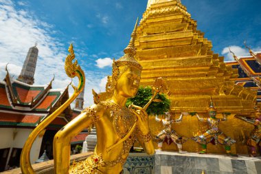 Budist Tapınağı 'ndaki altın melek heykeli Wat Phra Kaew Büyük Sarayı Tayland Bangkok' taki zümrüt Budist tapınağı.