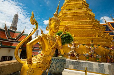 Budist Tapınağı 'ndaki altın melek heykeli Wat Phra Kaew Büyük Sarayı Tayland Bangkok' taki zümrüt Budist tapınağı.