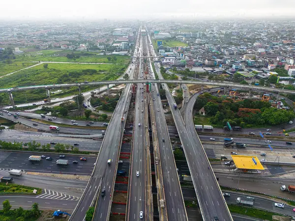 stock image Aerial view transport city junction road with car movement cross road transport industry