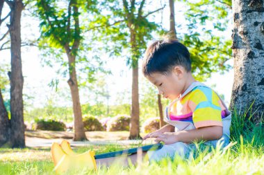 Şehir parkında ağacın altında oturan sevimli anaokulu çocuğu yeşil çimen gün batımında tablet bilgisayar kullanıyor.