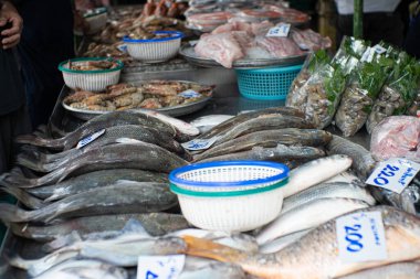 Çeşitli deniz ürünleri yerel balıkçılık taze pazarında satılıyor Bangkok Tayland