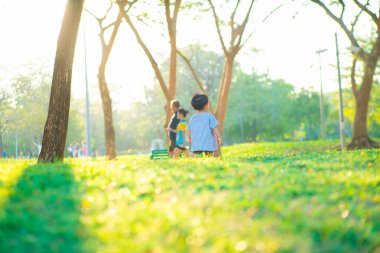 Yeni yürümeye başlayan Asyalı 2 yaşındaki çocuk yeşil çimlerde yürümenin keyfini çıkarıyor.