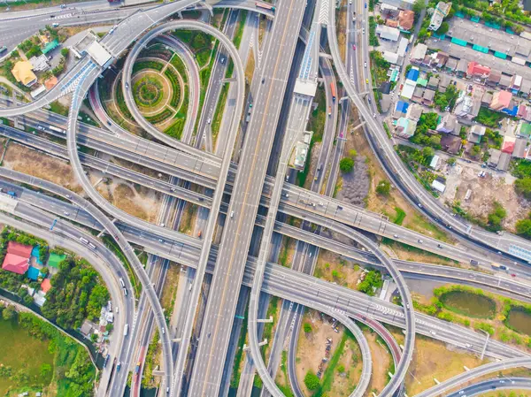 stock image Aerial view city transport curve return junction road with car transport industrial look dawn view