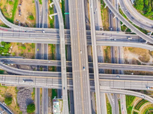 stock image Aerial view city transport curve return junction road with car transport industrial look dawn view