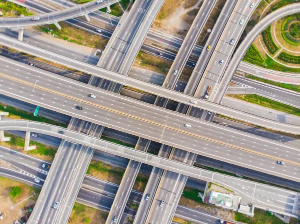 stock image Aerial view city transport curve return junction road with car transport industrial look dawn view