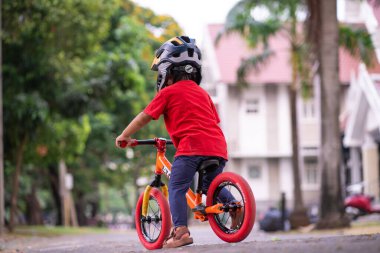 Küçük anaokulu çocuğu ağaç parkında denge bisikletiyle oynuyor.