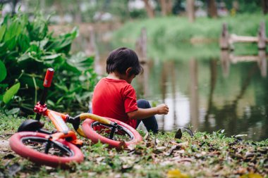 Küçük anaokulu çocuğu ağaç parkında denge bisikletiyle oynuyor.
