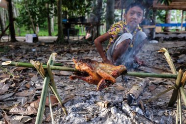 Kamp ormanında ateşte kızarmış tavuk, ızgara tavuk.