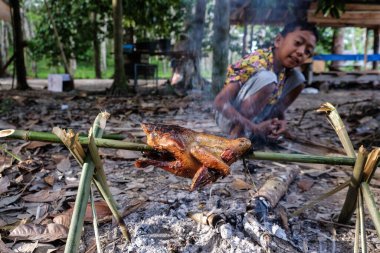 Kamp ormanında ateşte kızarmış tavuk, ızgara tavuk.