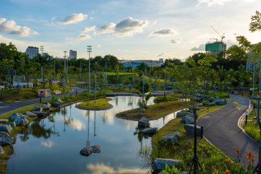 Nehir kenti parkıyla yeşil manzara doğa parkı mavi gökyüzü bulutlu doğa manzarası