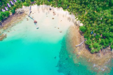 Yeşil tropikal yağmur ormanı doğası Koh Kood Tayland 'a ait havadan deniz kıyısı beyaz kum dalgası.