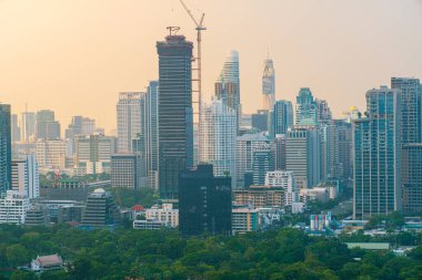 Bangkok havacılık manzaralı Lumpini şehir parkı ofis binası arka planında Tayland
