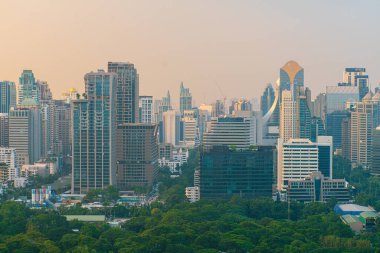 Bangkok havacılık manzaralı Lumpini şehir parkı ofis binası arka planında Tayland