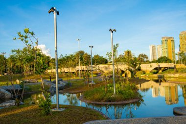 Modern ofis parkı yeşil sahne doğa ağacı orman parkı nehir mavisi gökyüzü ve bulutlu doğa manzarası