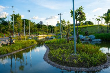 Modern ofis parkı yeşil sahne doğa ağacı orman parkı nehir mavisi gökyüzü ve bulutlu doğa manzarası