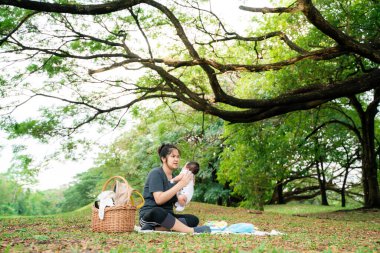 Asyalı anne, parkta piknikte bebekle oynuyor. Açık hava eğlencesi konsepti. 