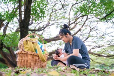Asyalı anne, parkta piknikte bebekle oynuyor. Açık hava eğlencesi konsepti. 