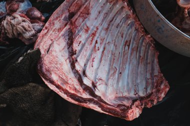 Çiğ et geleneksel Tayland köy kırsal mutfağında aşçılığa hazırlanıyor.