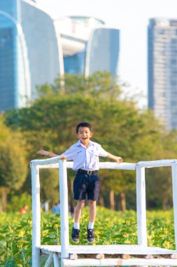 Asyalı okul çocuğu, şehir parkında rahatla, gün batımı, gün batımı, şehir çocuğu.