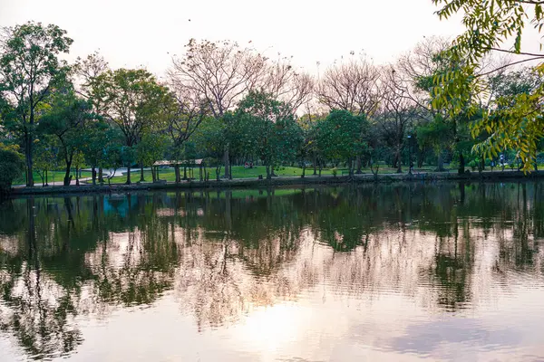 Yeşil ağaç şehrindeki nehir halk parkı günbatımı gökyüzü manzarası