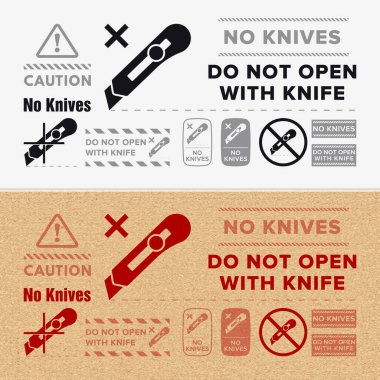 Do Not Open With Knife. Protective Packaging Instruction. Packaging Symbol. Sign and Label Indicating Items That Require Opening Without Blades to Avoid Damage to Contents or Packaging. Knife and Box - Vector Symbol clipart