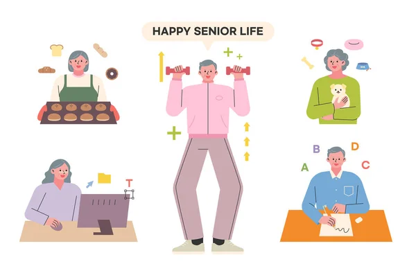 Une Collection Personnages Seniors Qui Font Exercice Apprennent Nouvelles Choses — Image vectorielle