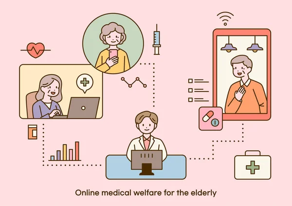 高齢患者は オンライン非対面治療を受けています コンピュータ上で働く医師とそれに接続されている画面上の患者 簡単なベクトル図 — ストックベクタ