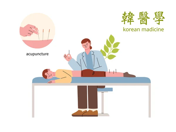 Patient Est Allongé Sur Lit Médecin Fait Acupuncture Patient — Image vectorielle