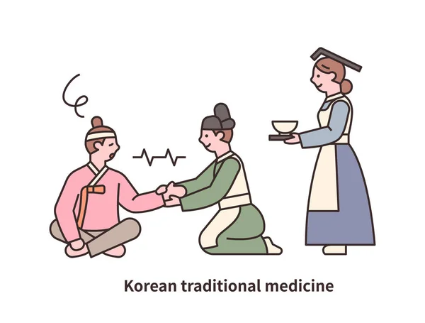 Joseon Dynasty Artsen Behandelen Patiënten Achter Hem Een Verpleegster Met — Stockvector