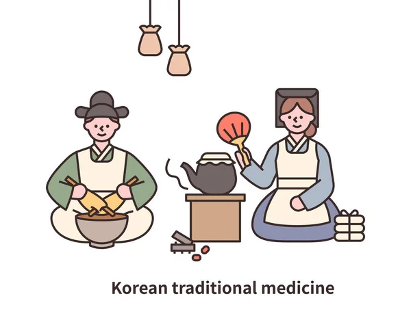 Een Dokter Joseon Dynastie Maakt Medicijnen Een Verpleegster Brouwt Medicijnen — Stockvector