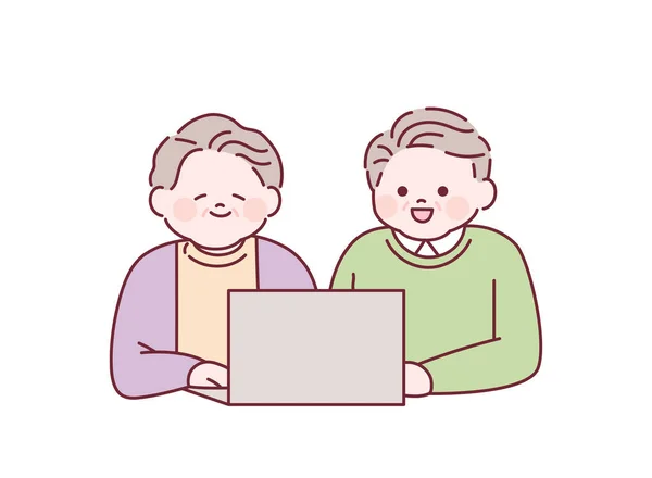 할아버지와 할머니는 컴퓨터를 배우고 있습니다 일러스트 — 스톡 벡터
