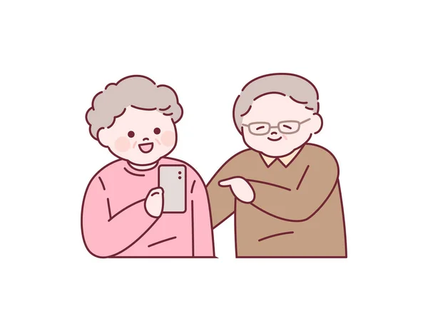 Пожилая Пара Разговаривает Используя Смартфон Простая Векторная Иллюстрация — стоковый вектор