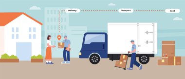 Teslimatçı bir teslimat kamyonundan bir teslimat kutusu indirir ve bir müşteriye teslim eder..