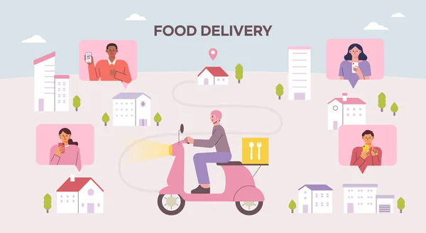 Delivery Man Delivering Goods People Ordering Food Mobile Phones Houses — Stock Vector
