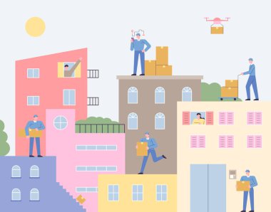 Teslimatçı, kompleks apartmanlar arasında bir kutu taşıyor..