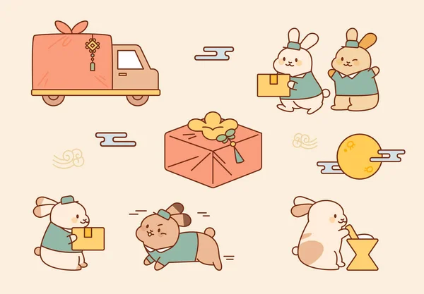Niedliche Kaninchen Deliveryman Zeichen Sie Liefern Traditionelle Koreanische Geschenkboxen — Stockvektor
