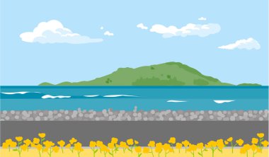Kanola çiçekleri olan sakin bir sahil yolu. Uzaklardan bir ada görülebilir..
