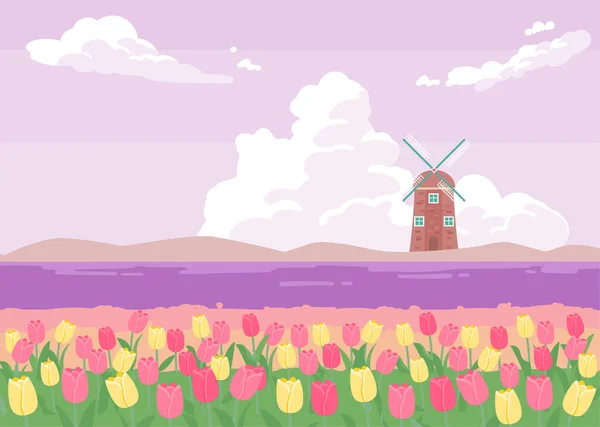 Romantyczne Fioletowe Tło Oddali Jest Wiatrak Widać Pole Kwiatów Tulipanów — Wektor stockowy