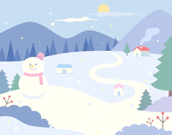 Χιονάτη Πόλη Υπάρχει Ένα Χαριτωμένο Χιονάνθρωπο Και Ένα Χωριό Μπορεί — Διανυσματικό Αρχείο