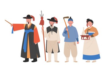 Eski Kore 'nin kostümleri, Joseon. Polisler, çiftçiler ve bar sahipleri. El çizimi vektör illüstrasyonu.
